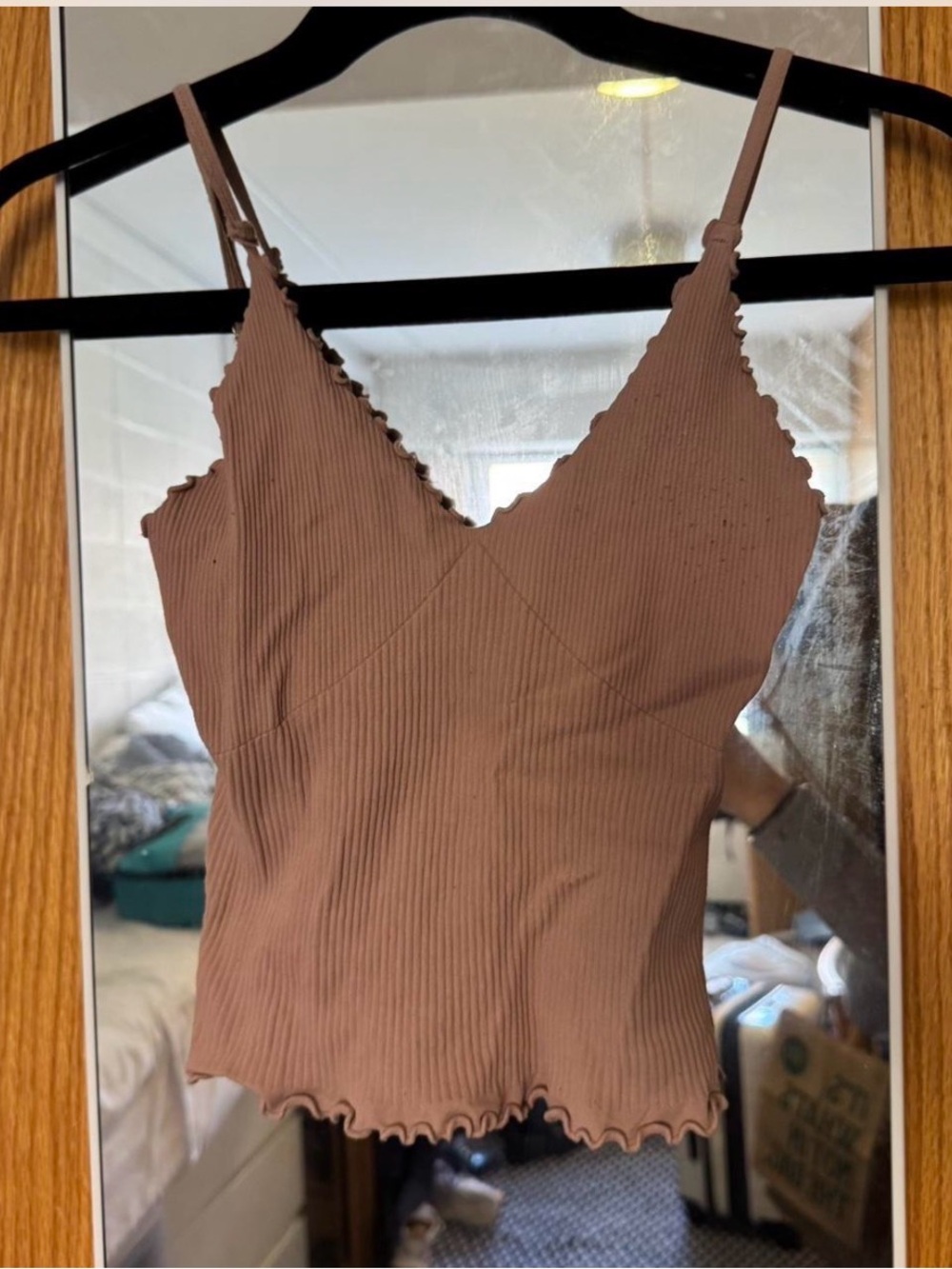 Free People Ribbed Scallop V-Neck Cami in Dusty Brown